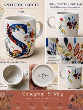 Anthropologie Petal Palette Monogram "S" Coffee Mug Designed by Starla Halfmann